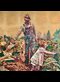 painting of a man and a girl looking at plants in a field