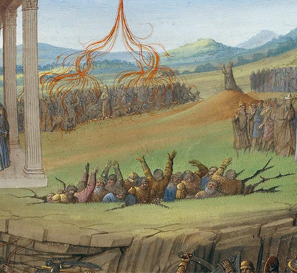 fifteenth cent. artwork of fire descending from heaven on the sons of Korah, while beneath them the ground opens up and swallows them