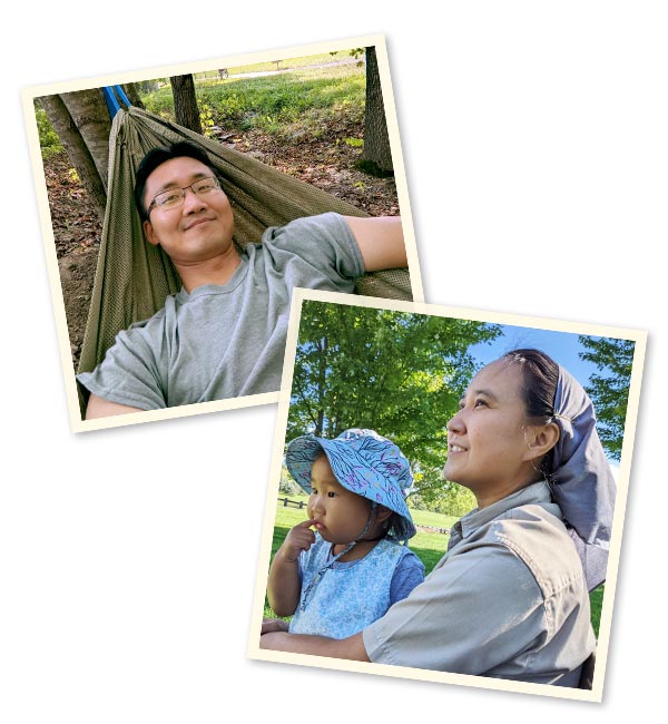 photographs of a smiling man and his wife and daughter