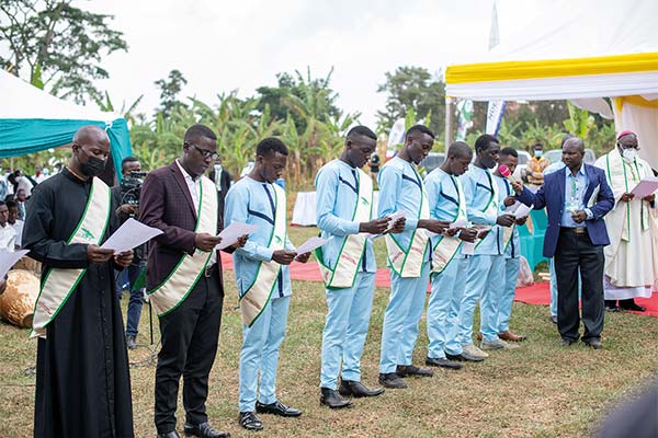 line of young men in blue suits