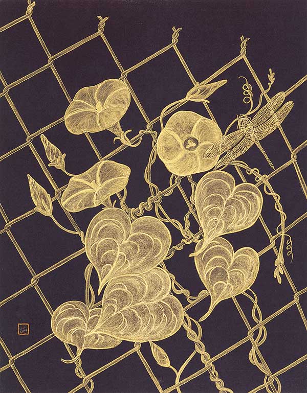 illustration of morning glories and a dragonfly on a fence