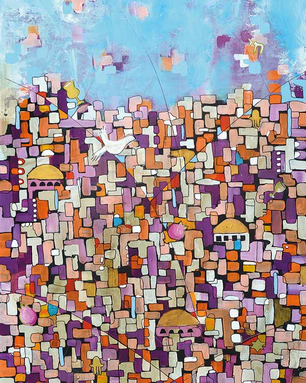 a colorful painting of the city of Jerusalem