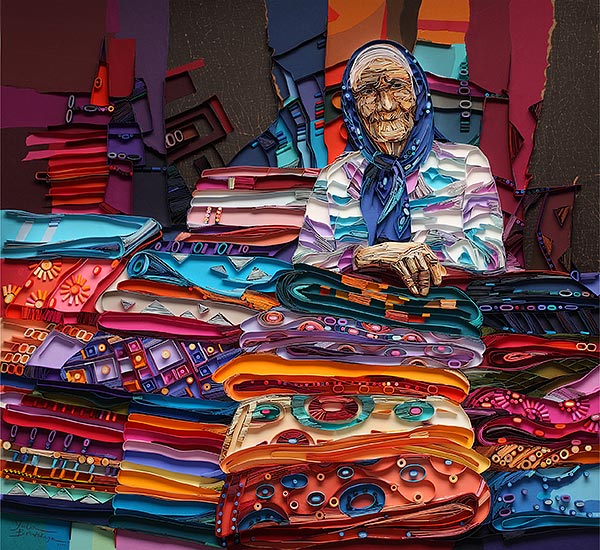 paper artwork of an old woman selling stacks of brightly colored cloth