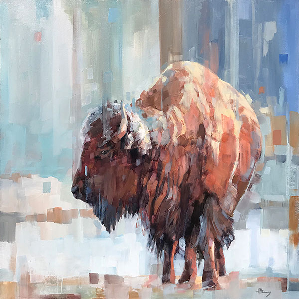 oil painting of a bison in snow