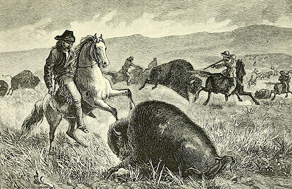 historical image of cowboys hunting buffalo