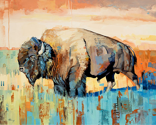 oil painting of a bison with abstract blue, turquoise, brown, and orange texture