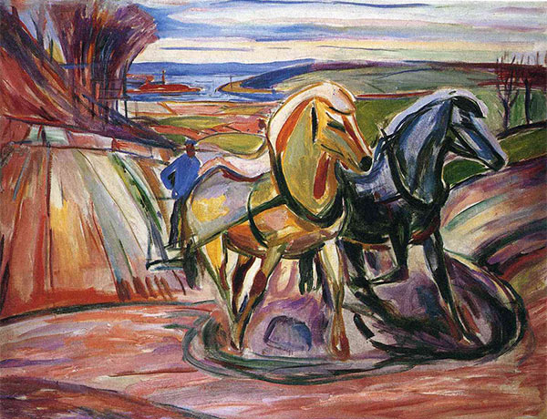 painting of two horses and a field