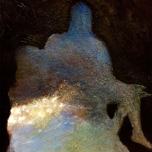 abstract silhouette of the Pieta in blues and browns