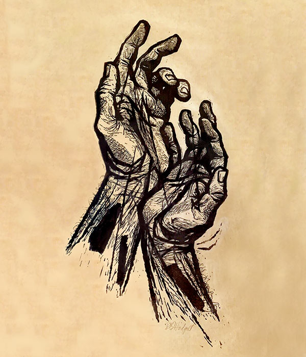 linoprint of two hands
