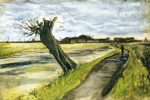 painting of a man walking down a road
