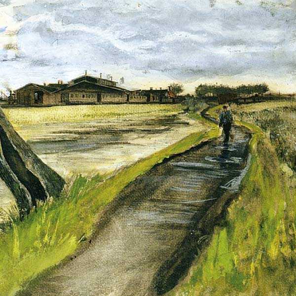 painting of a man walking down a road