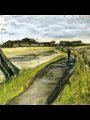 painting of a man walking down a road