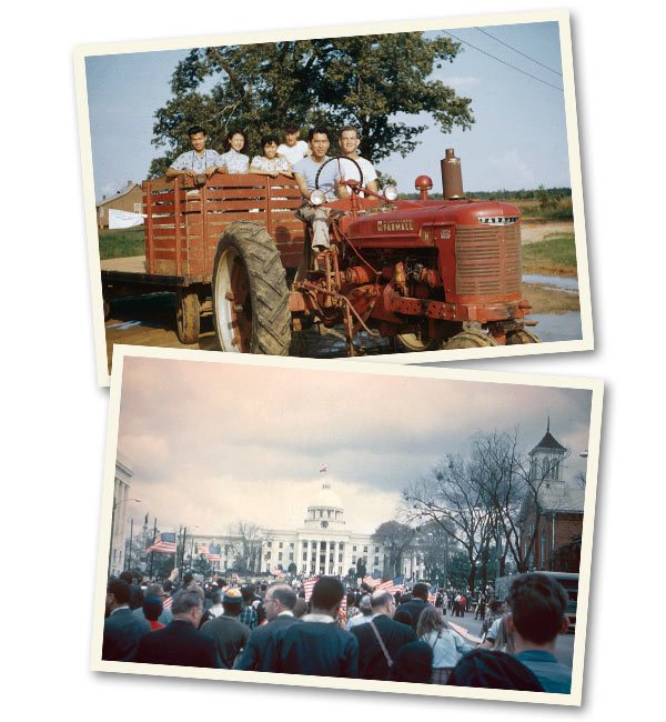 two old photos, one of a young man on a red tractor, and the other of the March on Washington in the sixties