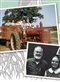 two old photos, one of a young man on a red tractor, and the other of an elderly couple