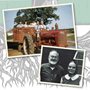 two old photos, one of a young man on a red tractor, and the other of an elderly couple