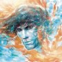 watercolor of a young mans face with a background of fire and water