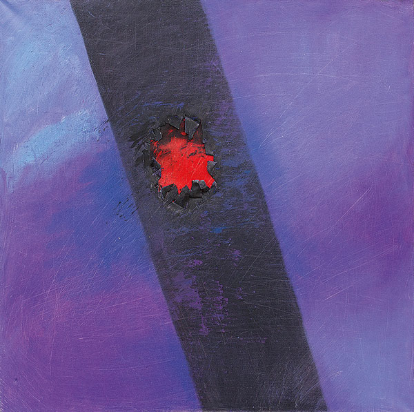 a red mark on a black column against a purple background