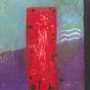 a red pillar against an aqua and purple background