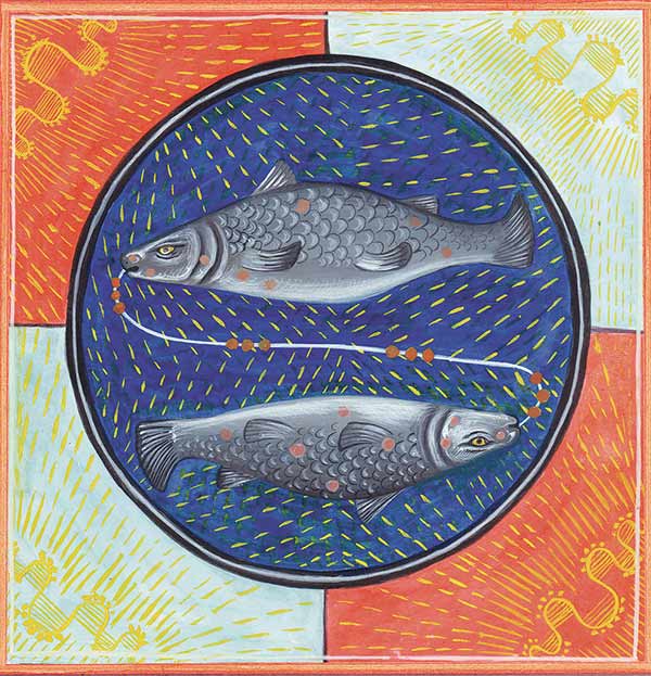 Symbolic artwork of two fish by Sankha Banerjee, from the graphic novel By Water