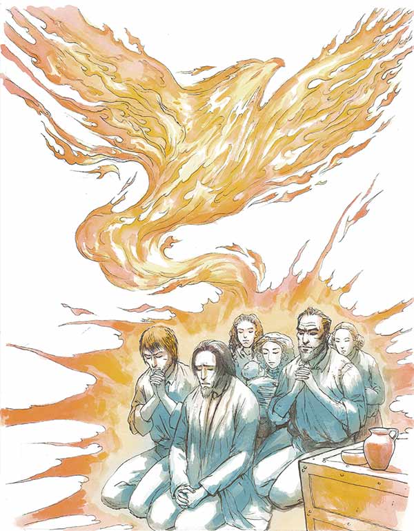Artwork of early Anabaptists praying, by Sankha Banerjee, from the graphic novel By Water