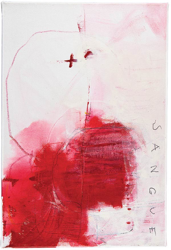 red painting on a white canvas depicting Good Friday