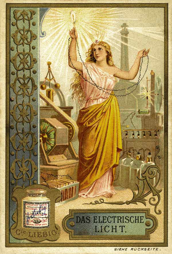 advertisement for the Liebig company depicting a woman with a light bulb