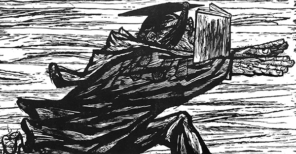 linocut of a man running with a book in his face