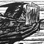 linocut of a man running with a book in his face