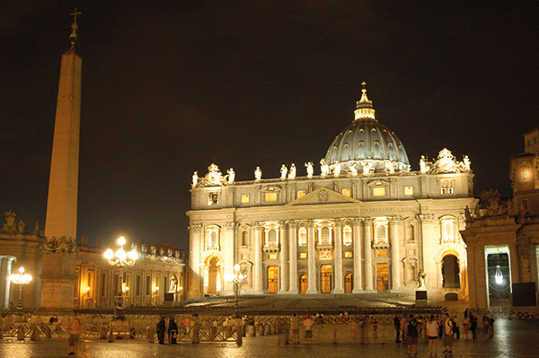 The plaza in front of the Vatican at night