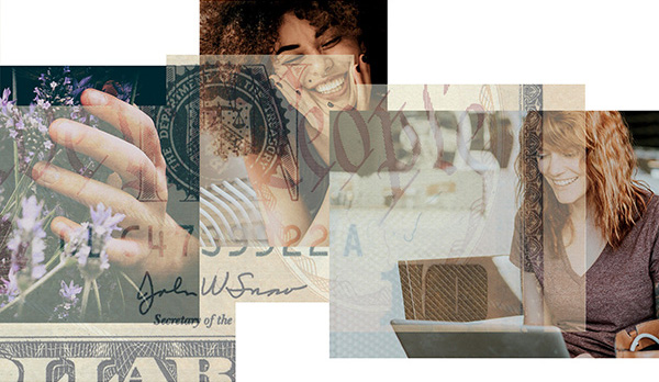 collage of money and a woman smiling and a woman using a laptop