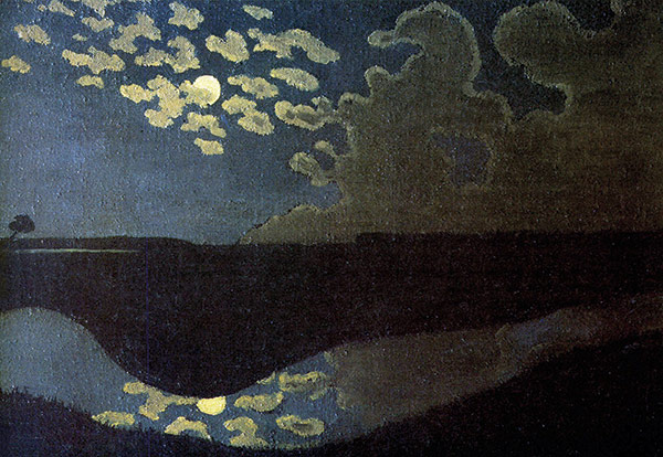 painting of moon and clouds reflected in water