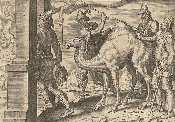 engraving of a men and a camel going through a narrow gate