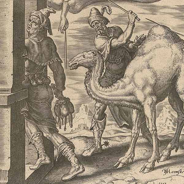 engraving of a men and a camel going through a narrow gate