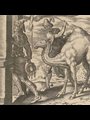 engraving of a men and a camel going through a narrow gate
