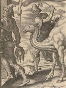 engraving of a men and a camel going through a narrow gate