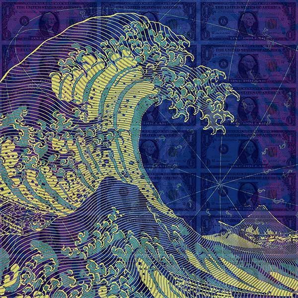 etching style artwork of a wave with a background of dollar bills