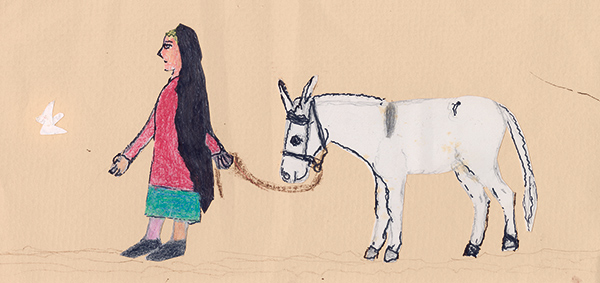 illustration of a woman leading a donkey