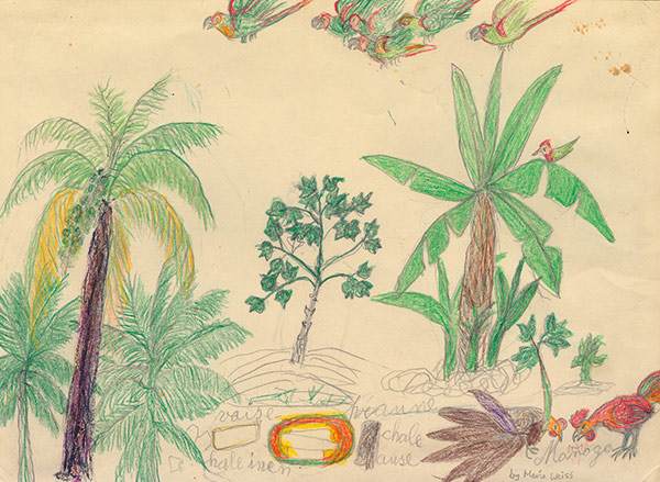 illustration of trees and chickens scratching in the dirt
