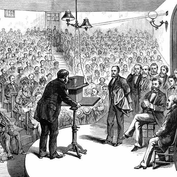 illustration of Alexander Graham Bell demonstrating his experimental telephone