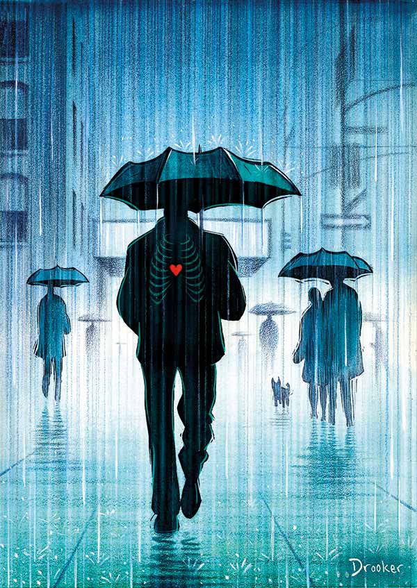 illustration of a man holding an umbrella on a rainy street