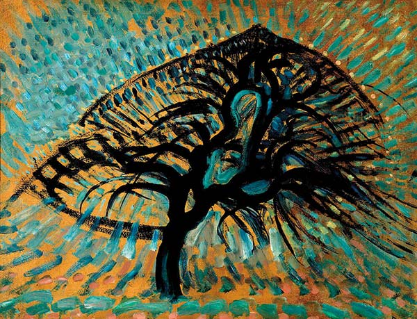 painting of a black tree on a yellow and blue background