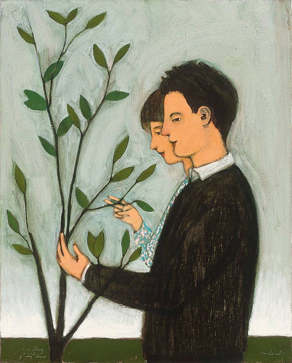 illustration of two people looking at a plant