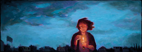 painting of a woman protecting a lit candle under a dark sky
