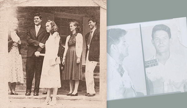 Staughton and Alice on their wedding day and a mug shot of Staughton, arrested in 1965.