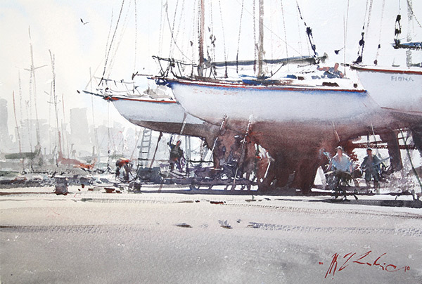painting of men fixing boats
