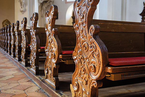 wooden pews in a church