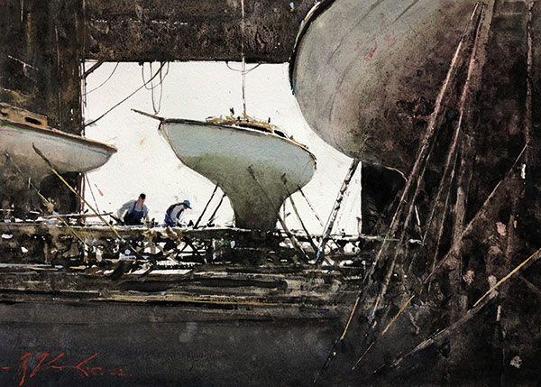 painting of men repairing boats