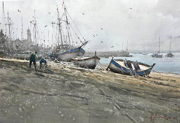 painting of men repairing boats