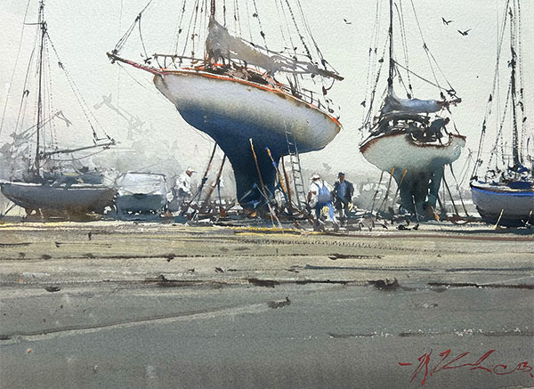 painting of men repairing boats
