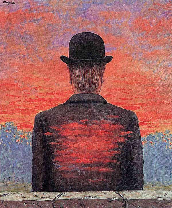 painting of a man looking at a sunset